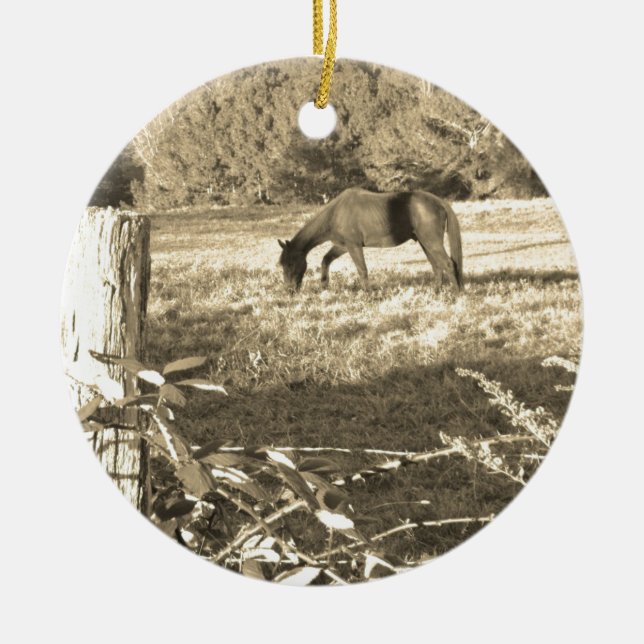 Sepia tone Brown horse and fence Ceramic Tree Decoration (Front)