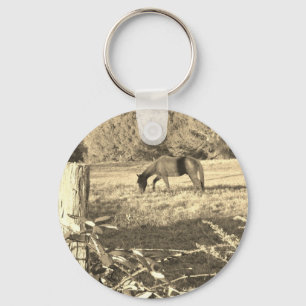 Sepia tone Brown horse and fence Key Ring