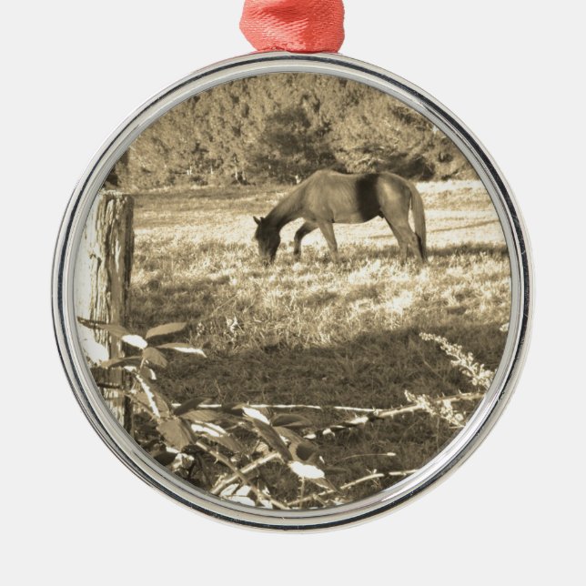 Sepia tone Brown horse and fence Metal Tree Decoration (Front)