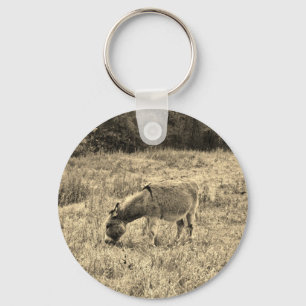 Sepia Tone Donkey  in a Field. Key Ring