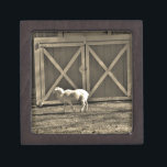 Sepia Tone  Goat and Barn Doors Jewellery Box<br><div class="desc">Young White Sheep on the Farm Photo by Sandy Closs "goat lover",  sheep,  lamb,  ram,  farm animals,  farm animal,  baby shower,  christmas,  easter,  christian,  baby</div>