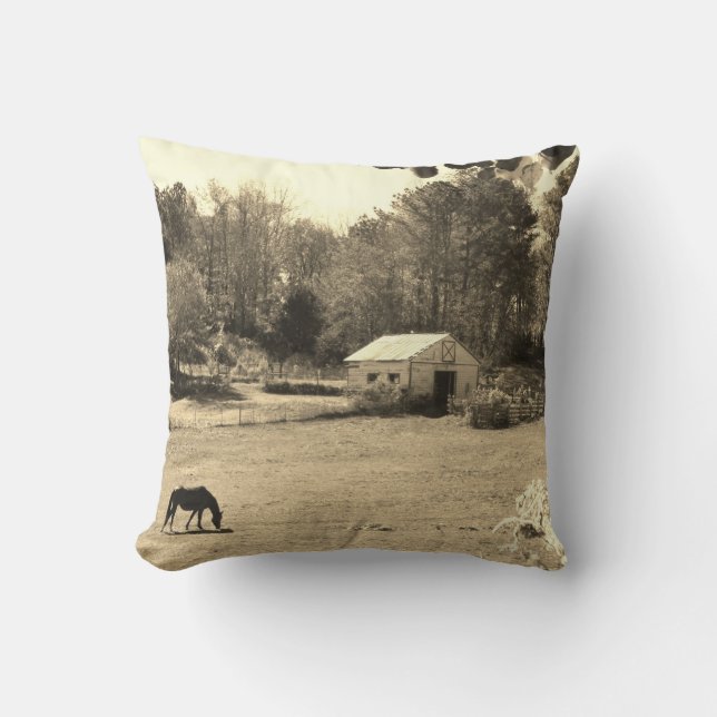 Sepia Tone  Photo of  brown Horse with flowers Cushion (Front)