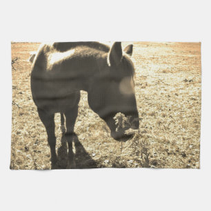 Sepia Tone  Photo of  brown Horse with flowers Tea Towel