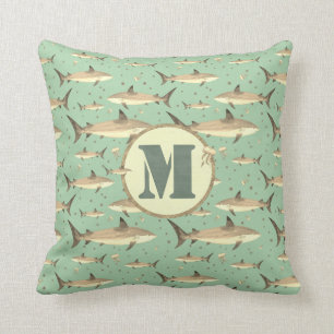 Sepia Tone Watercolor Monogram Sharks Jellyfish Cushion