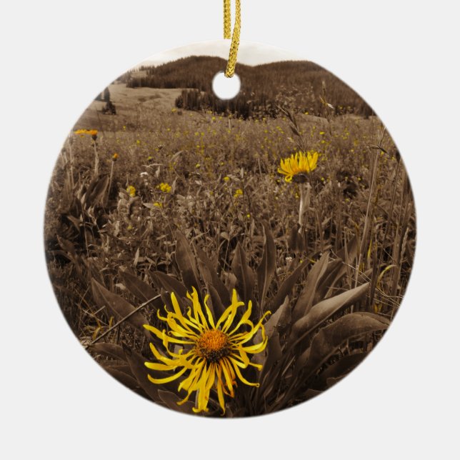 Sepia tone Yellow wildflowers Ceramic Tree Decoration (Front)