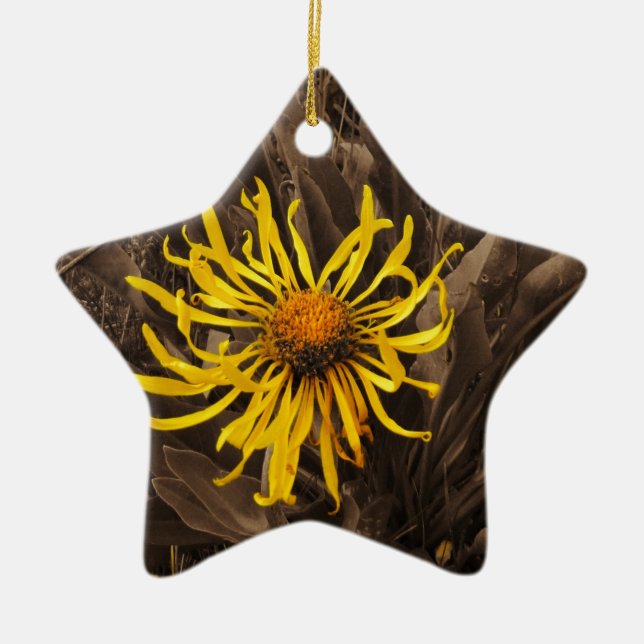 Sepia tone Yellow wildflowers Ceramic Tree Decoration (Front)