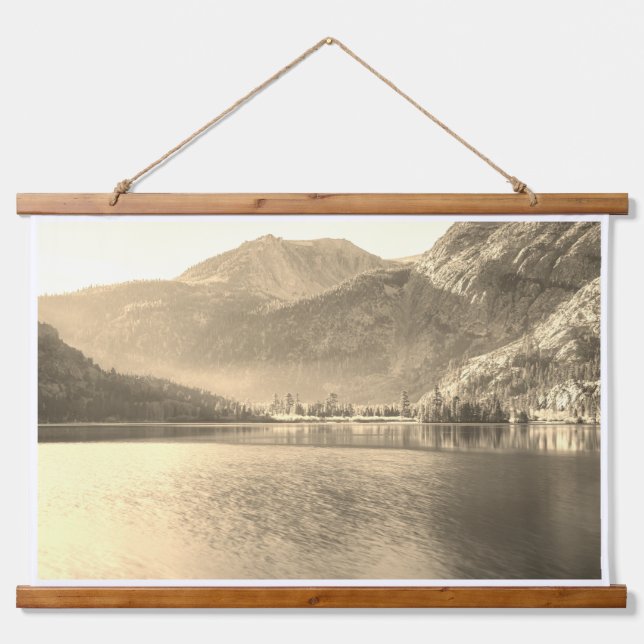 Sepia-toned Silver Lake with Mountain Landscape Hanging Tapestry (Front)