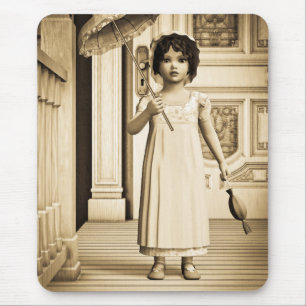 Sepia Vintage Girl Umbrella Art Mouse Pad
