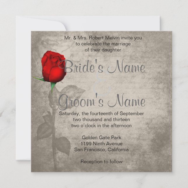 Sepia Vintage Spot Colour Red Rosebud Wedding Invitation (Front)