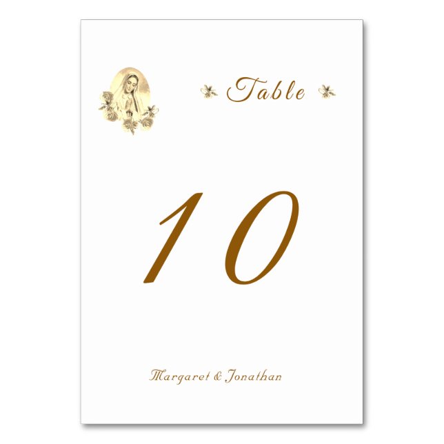 Sepia Virgin Mary Wedding Table Number (Front)