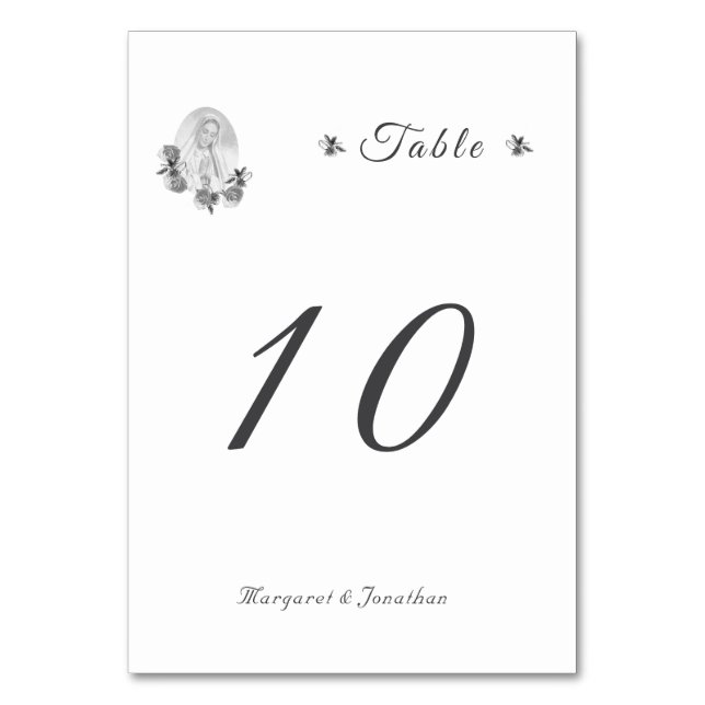 Sepia Virgin Mary Wedding Table Number (Front)