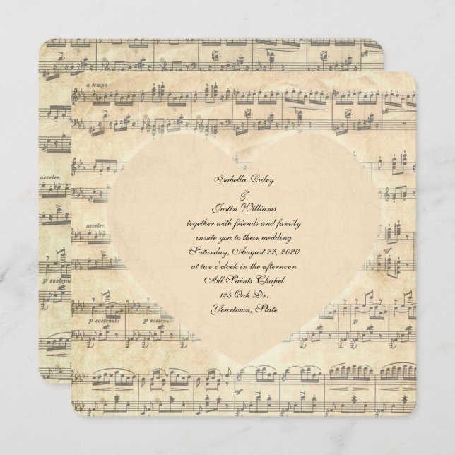 sepia wedding heart on music invitation (Front/Back)