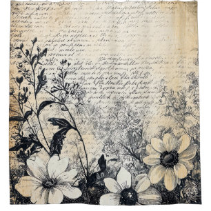 Sepia Wildflower Manuscript Botanical Art Shower Curtain