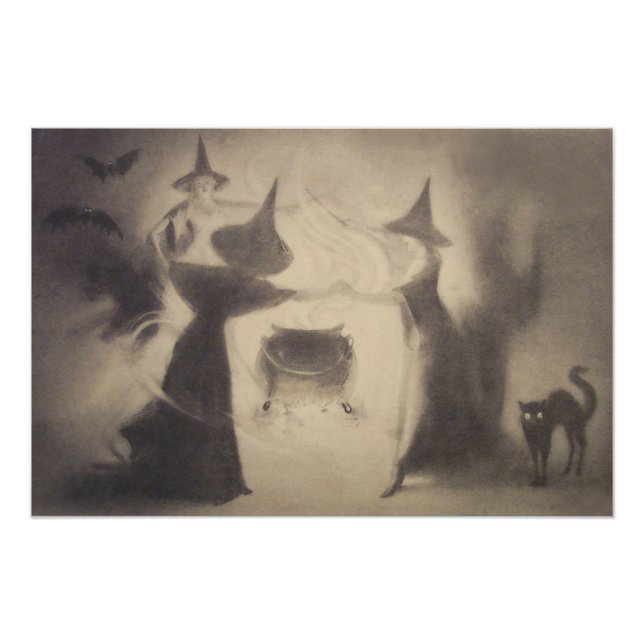 Sepia Witch Bat Night Cauldron Black Cat Photo Print (Front)