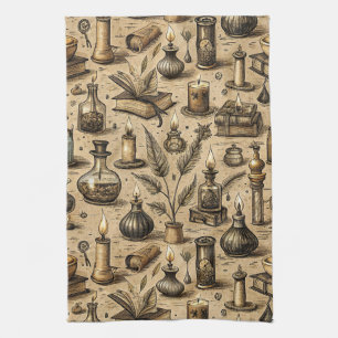 Sepia Witchcraft Alchemy Books Potion Vintage Tea Towel