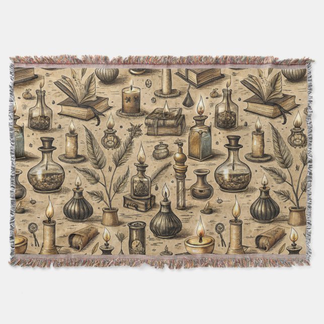 Sepia Witchcraft Alchemy Books Potion Vintage Throw Blanket (Front)