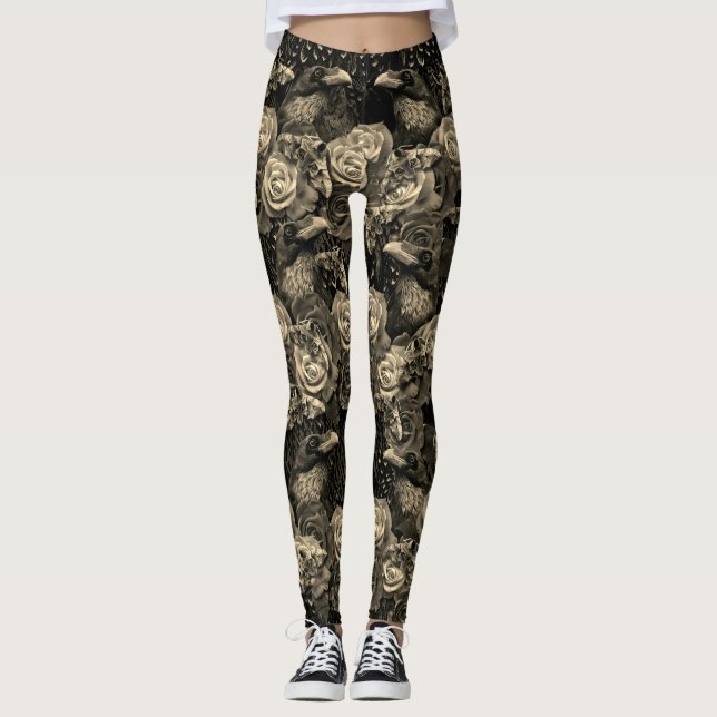 Sepia Witchy Gothic Raven Moth Collage Dark Alt Leggings (Front)