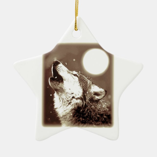 Sepia Wolf & Moon Ceramic Tree Decoration (Front)