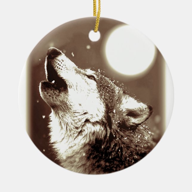 Sepia Wolf & Moon Ceramic Tree Decoration (Front)