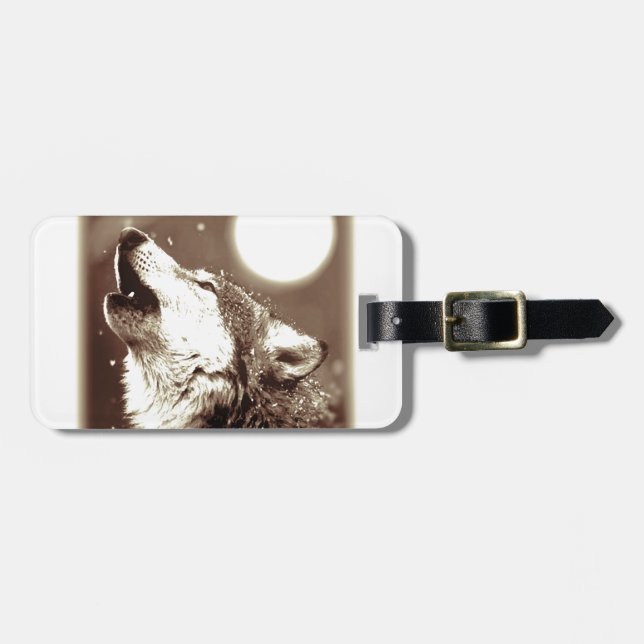 Sepia Wolf & Moon Luggage Tag (Front Horizontal)