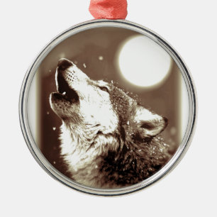 Sepia Wolf & Moon Metal Tree Decoration