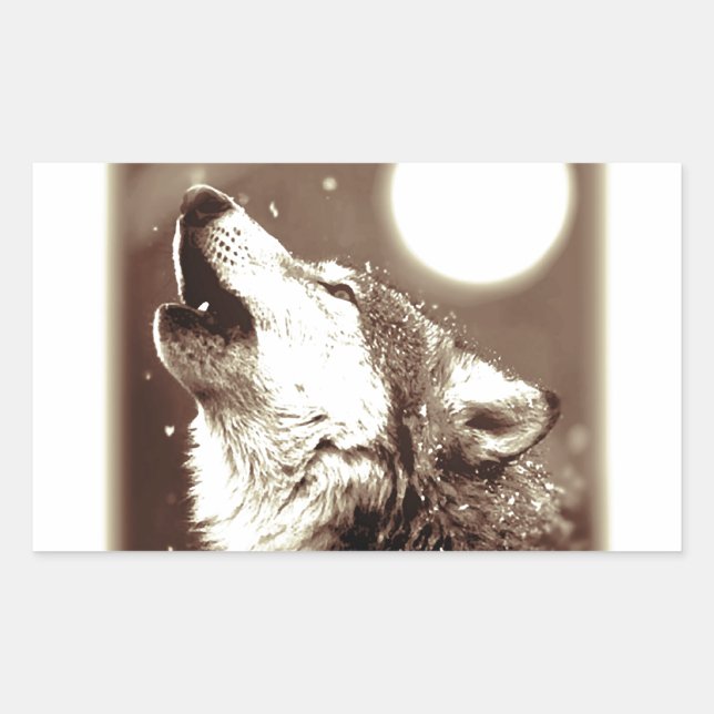 Sepia Wolf & Moon Rectangular Sticker (Front)