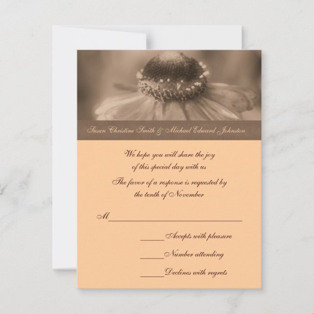 Sepia Zinnia Flower Wedding RSVP Card (Front)