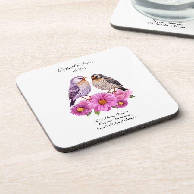 September Aster Flower with Birds Birth Gift  Coaster (Left Side)