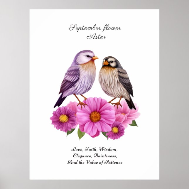 September Aster Flower with Birds Birth Gift  Poster (Front)