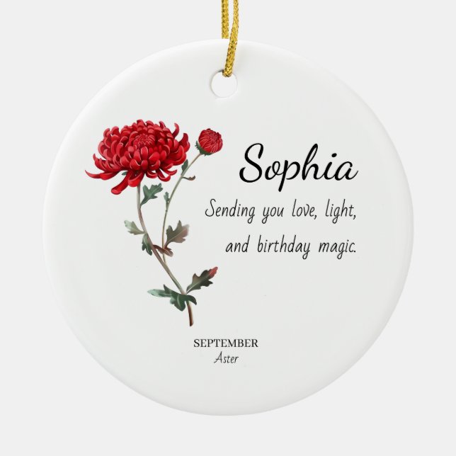 September Aster Personalised Birthday Ceramic Tree Decoration (Front)
