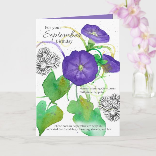 September Birthday Morning Glory Asters Botanical  Card (Orchid)