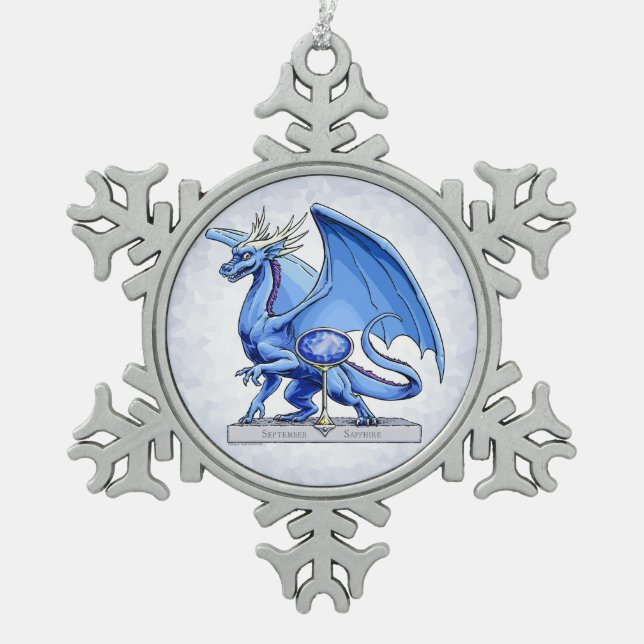 September’s Birthstone Dragon: Sapphire Snowflake Pewter Christmas Ornament (Front)