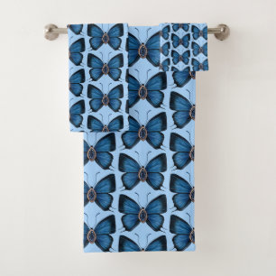 September Sapphire Blue Butterfly Pattern Design Bath Towel Set