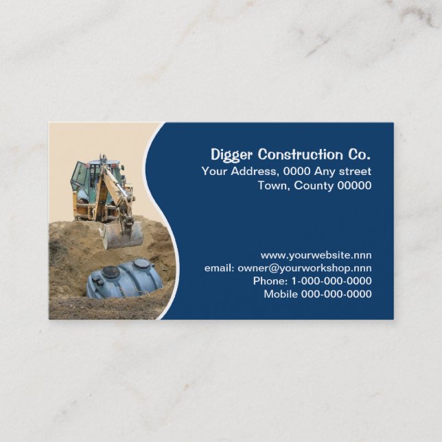 Septic tank being backfilled by a digger business card (Front)