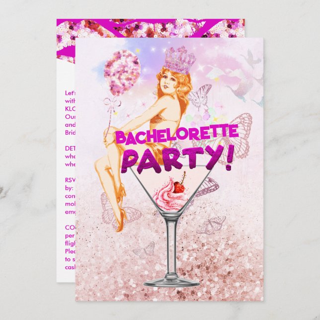 Sequence Pink Glitzy Bachelorette Party Invitation (Front/Back)