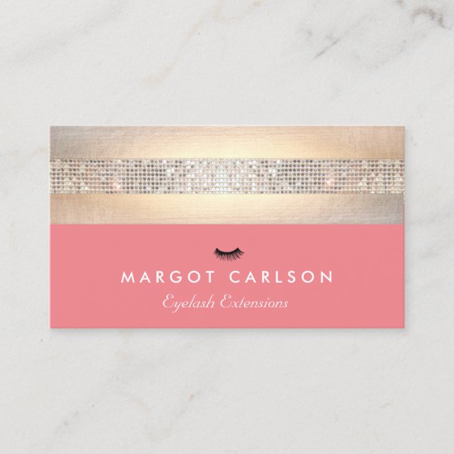 Sequin and Gold Coral Eyelash Extensions Business Card (Front)
