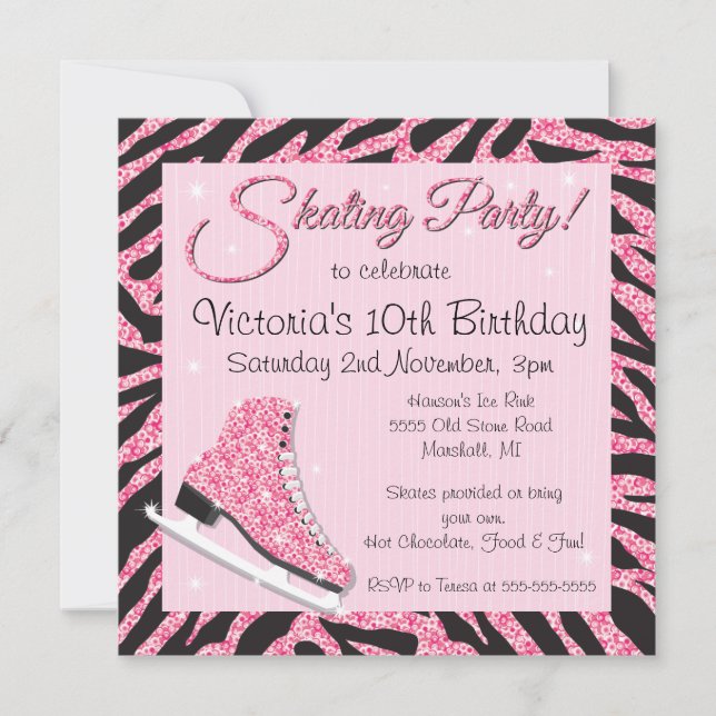 Sequin Glittering Ice Skating Party Invitations (Front)