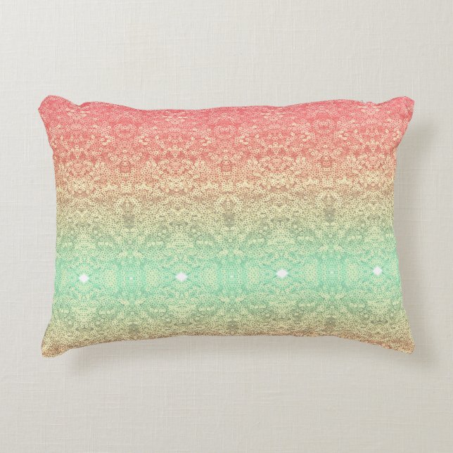 Sequin lace pattern ombre pink gold green decorative cushion (Front)