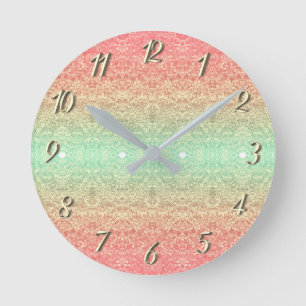 Sequin lace pattern ombre pink gold green round clock