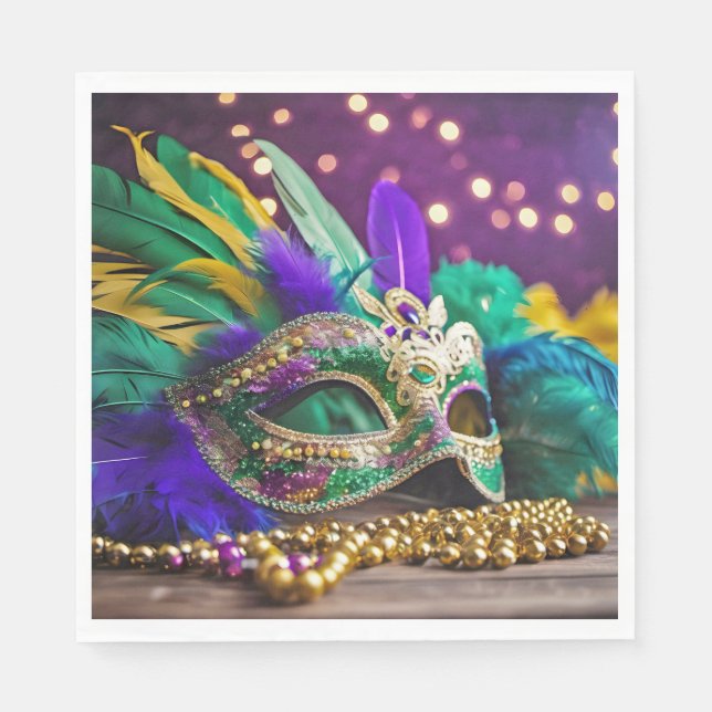 Sequin Mardi Gras Mask With Beads Napkin (Front)