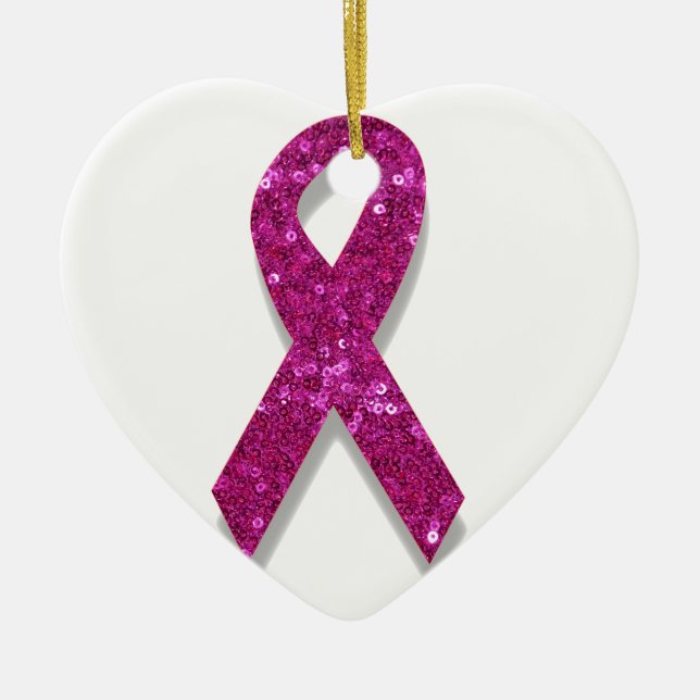 sequin pink breast cancer awareness ceramic tree decoration (Front)