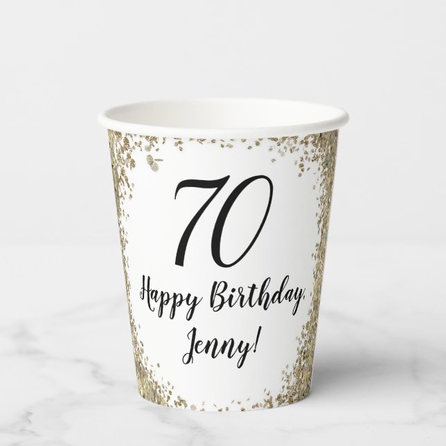 Sequin themed gold 70th birthday paper cups  (Back)