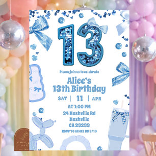 Sequins Blue Bow 13 aesthetic teenager birthday Invitation