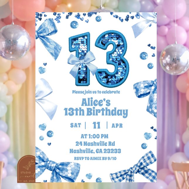 Sequins Blue Bow 13 Girl Birthday Invitation (Creator Uploaded)