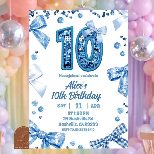Sequins Blue Bow Double Digits Girl 10 Birthday Invitation (Creator Uploaded)