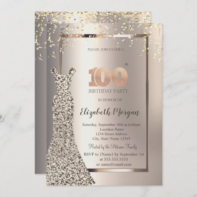 Sequins Dress Confetti Ivory 100th Birthday Invitation (Front/Back)