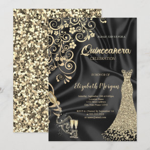 Sequins Dress Glass Floral Black Satin Quinceanera Invitation