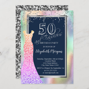 Sequins Dress Rainbow Holographic 50th Birthday  Invitation