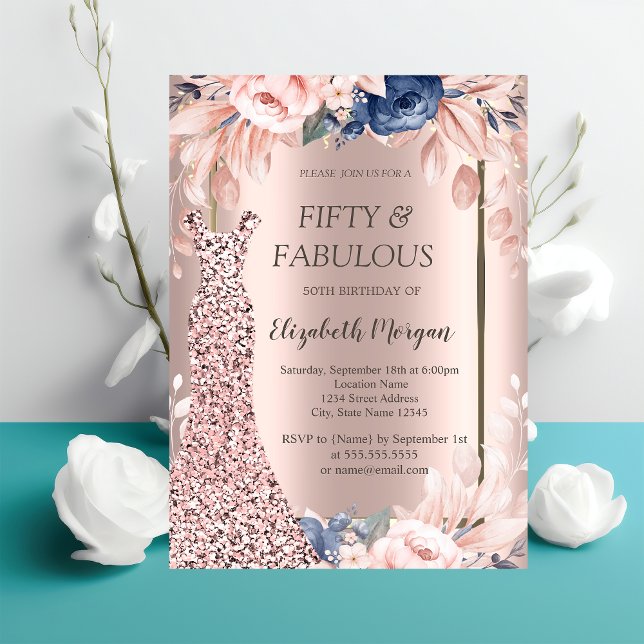 Sequins Dress Rose Gold Floral 50th Birthday   Invitation (Creator Uploaded)