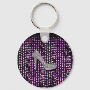 Sequins High Heel shoe purple silver Key Ring